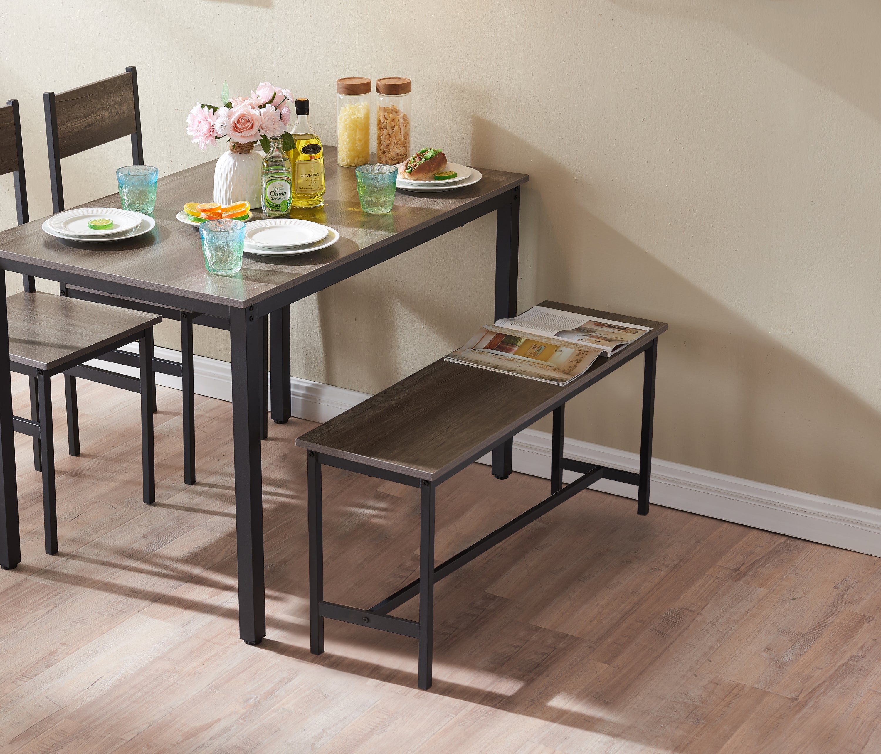 Dining Table Set for 4 w/ Bench, Metal Frame