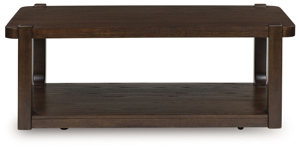 Dark brown rectangular two-tier table with open lower shelf and corner posts