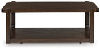 Dark brown rectangular two-tier table with open lower shelf and corner posts