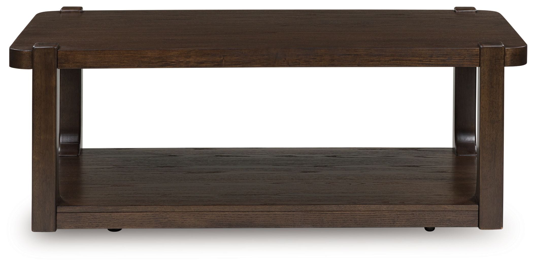 Dark brown rectangular two-tier table with open lower shelf and corner posts