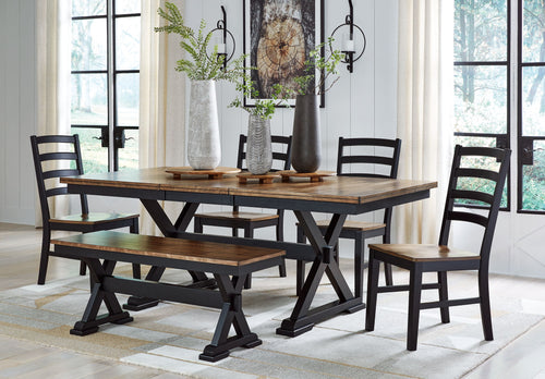 Dining table set with dark chairs and wood tabletop