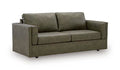 Grove studio sofa with dark green fabric upholstery and two-seat cushions, square arms