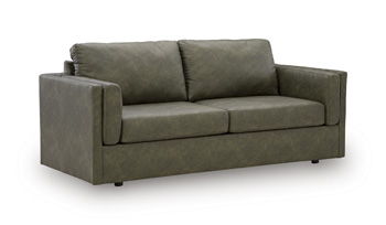 Grove studio sofa with dark green fabric upholstery and two-seat cushions, square arms