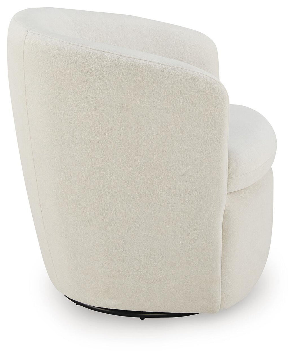 Swivel accent chair in light cream velvet with rounded back and supportive seat.