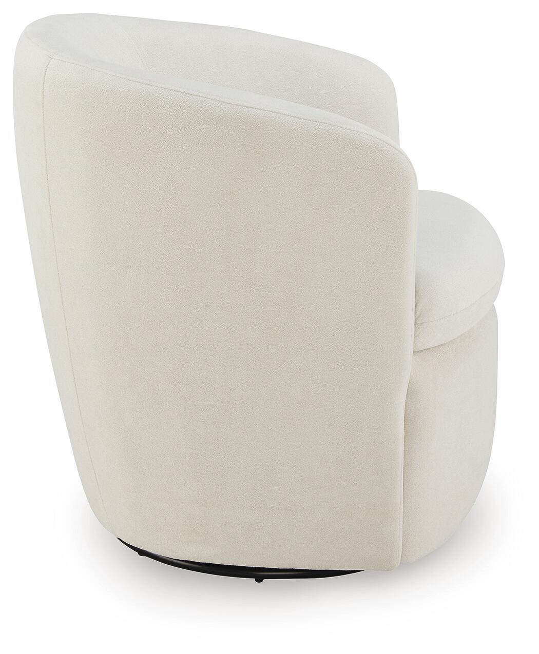 Swivel accent chair in light cream velvet with rounded back and supportive seat.