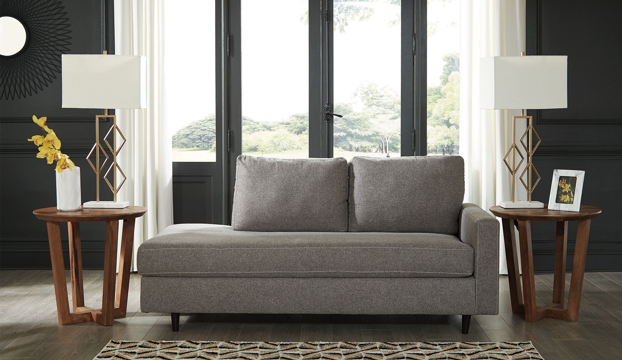Graphite gray corner chaise sofa with two back cushions and track arms