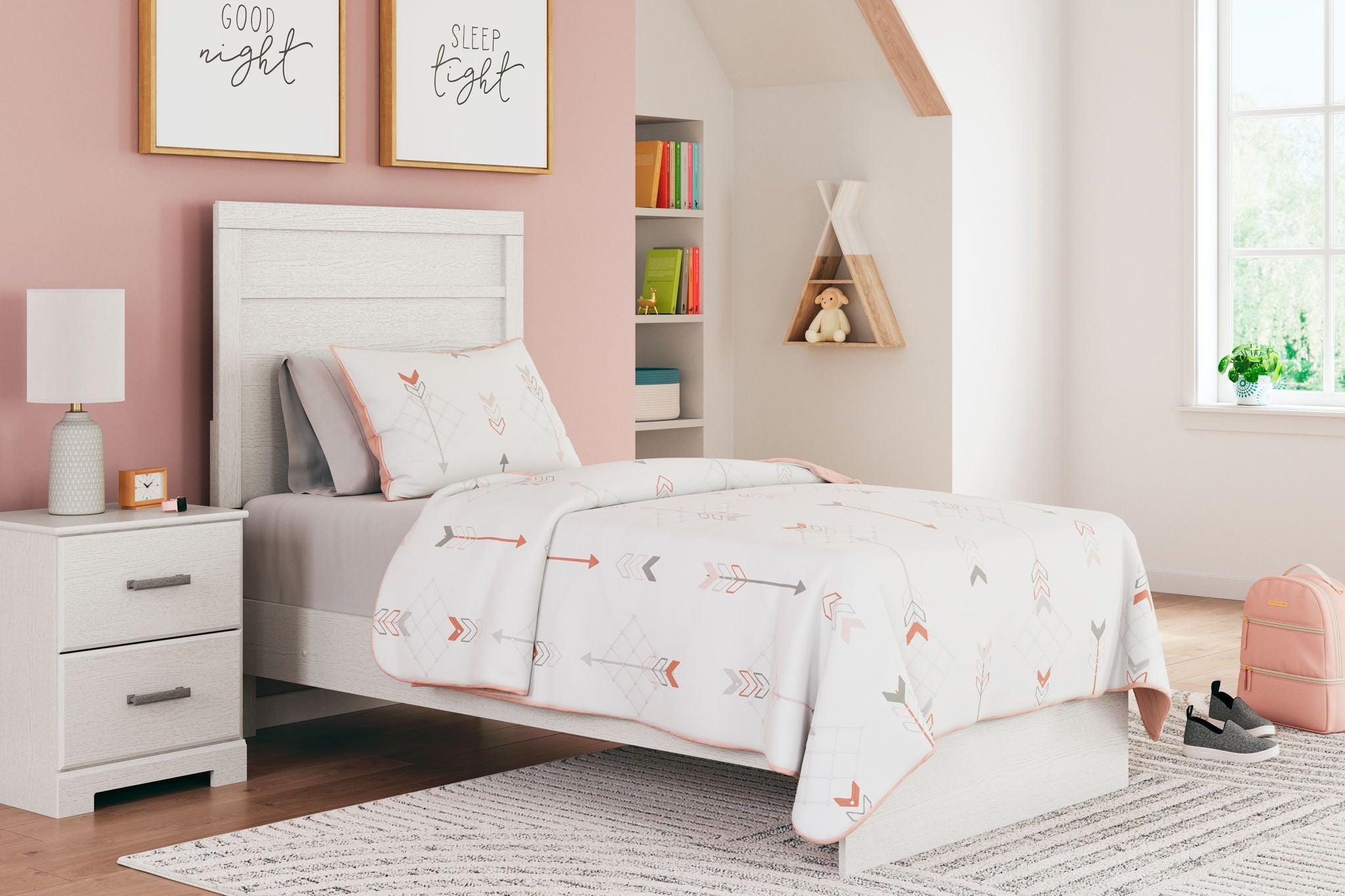 Light wood panel bed with headboard, patterned blanket, and white mattress