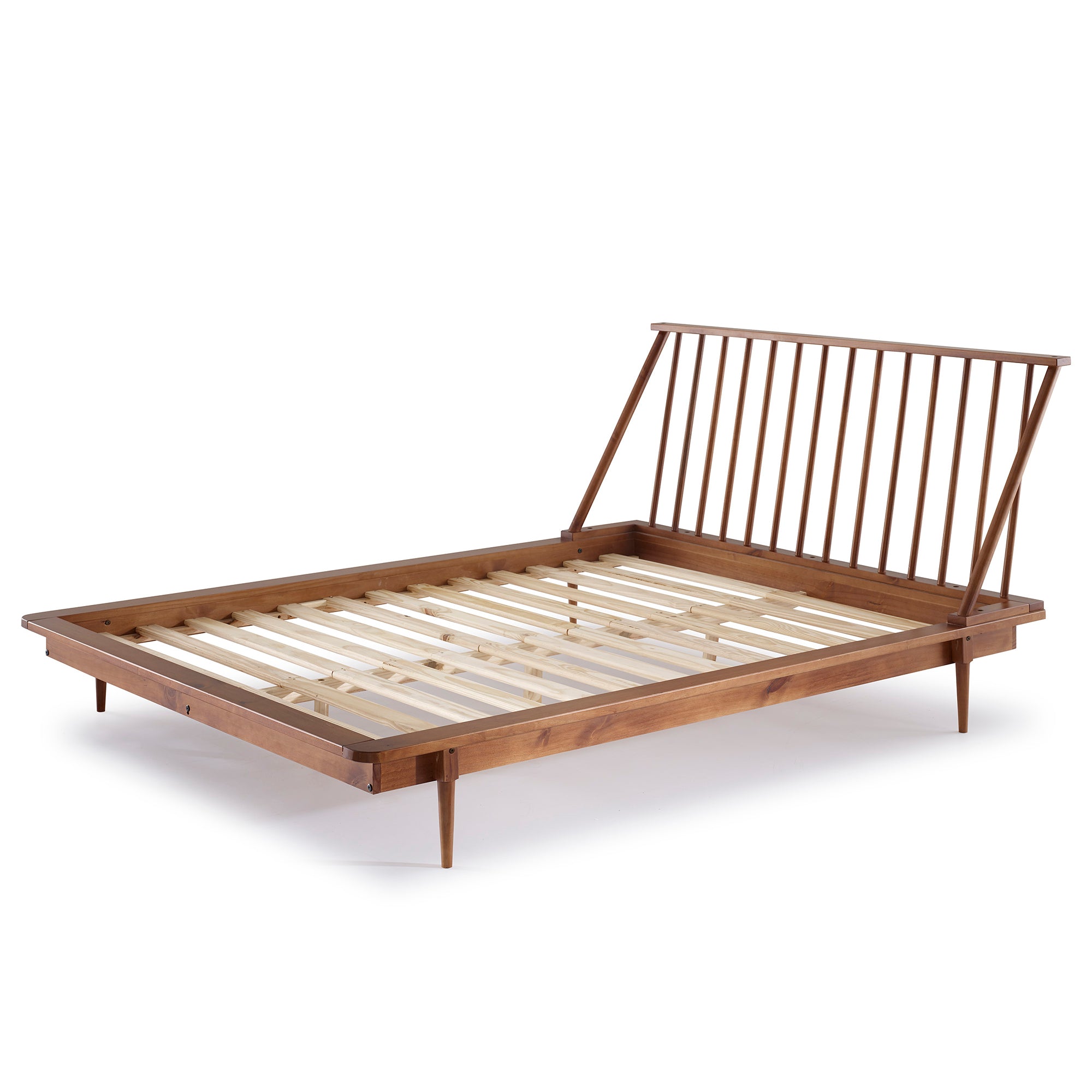 Mid-Century Modern Queen Platform Bed Spindle Headboard - Caramel Pine
