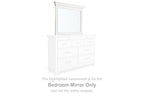 Whitewash bedroom mirror with rectangular glass and simple frame above dresser
