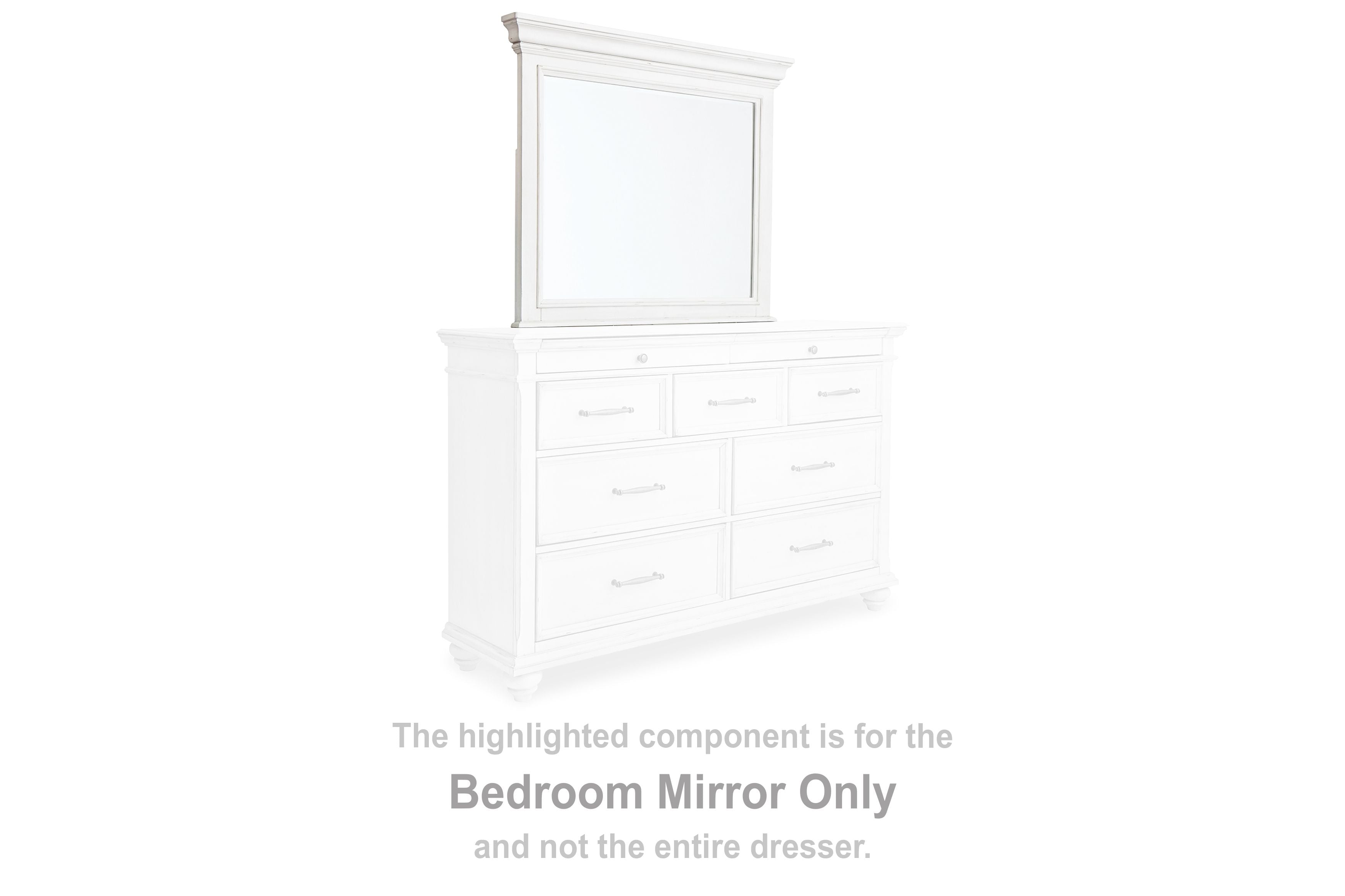 Whitewash bedroom mirror with rectangular glass and simple frame above dresser