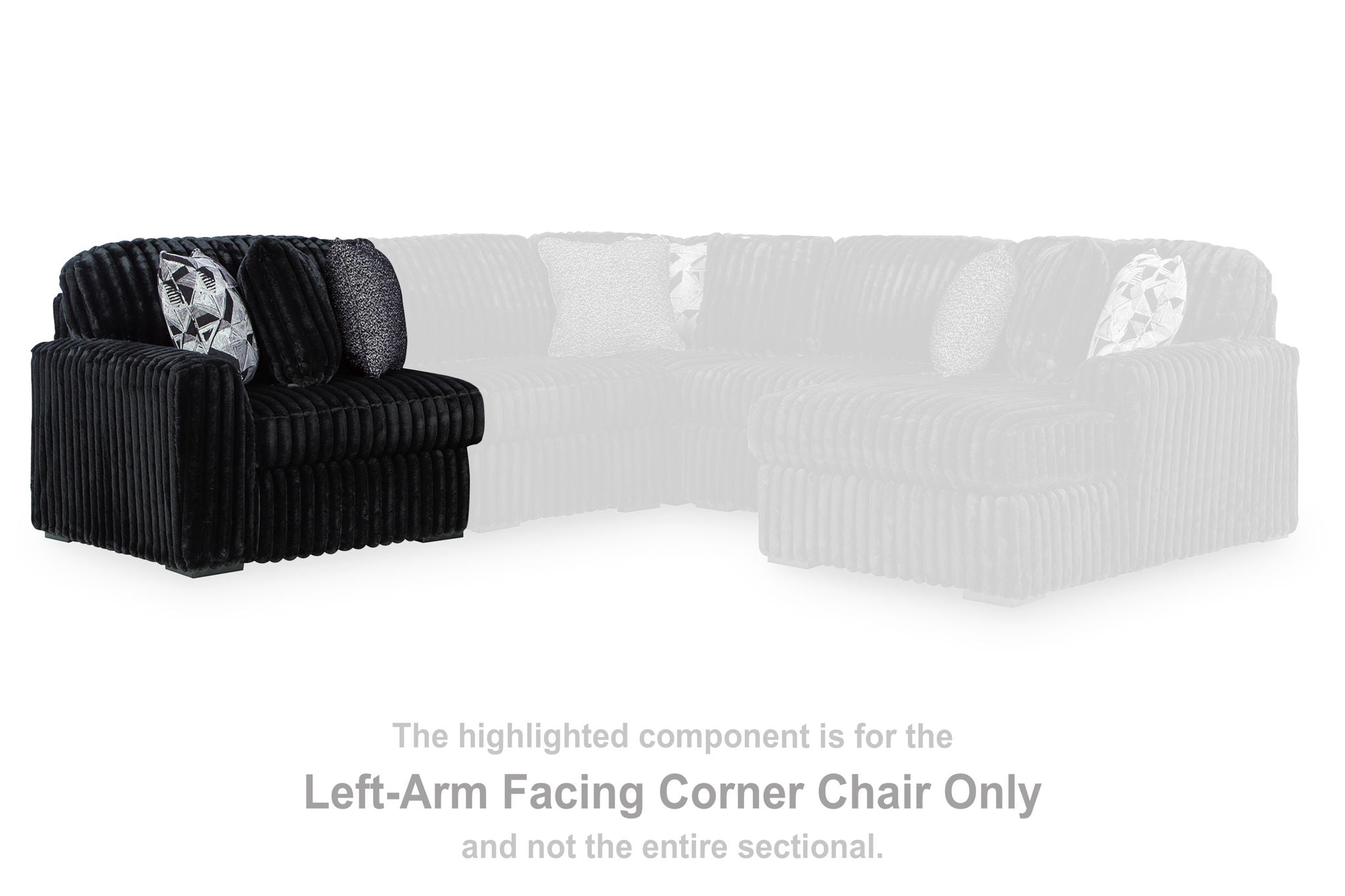 Black corduroy LAF corner chair section with thick armrests and tufted back cushion