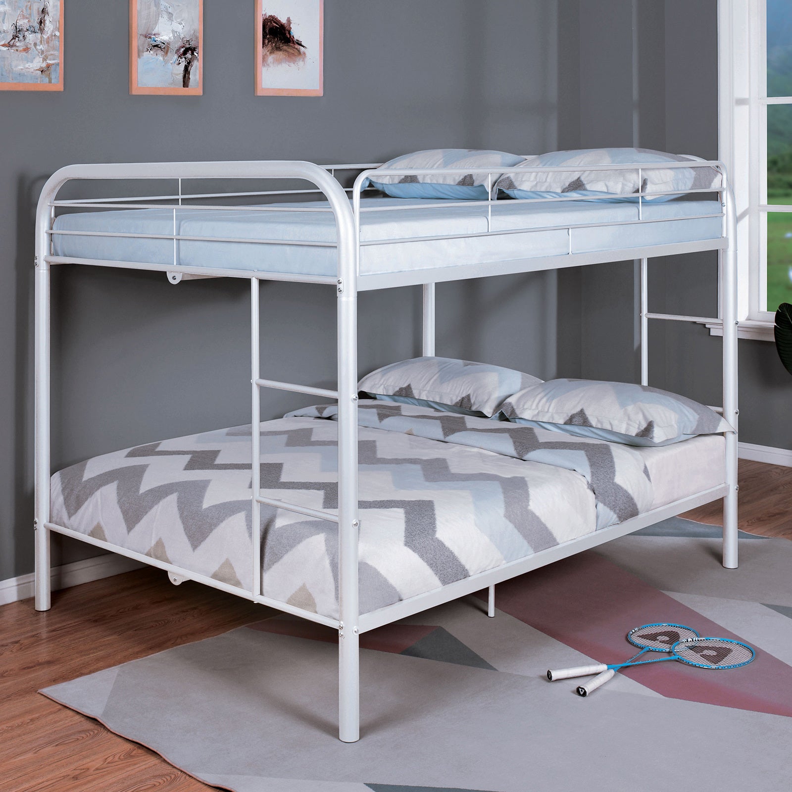 White Full Over Full Metal Bunk Bed | Contemporary Angled Ladder