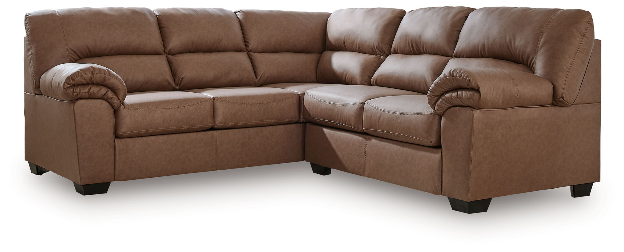 Sectional sofa with chaise-style corner and rolled arms, warm brown upholstery