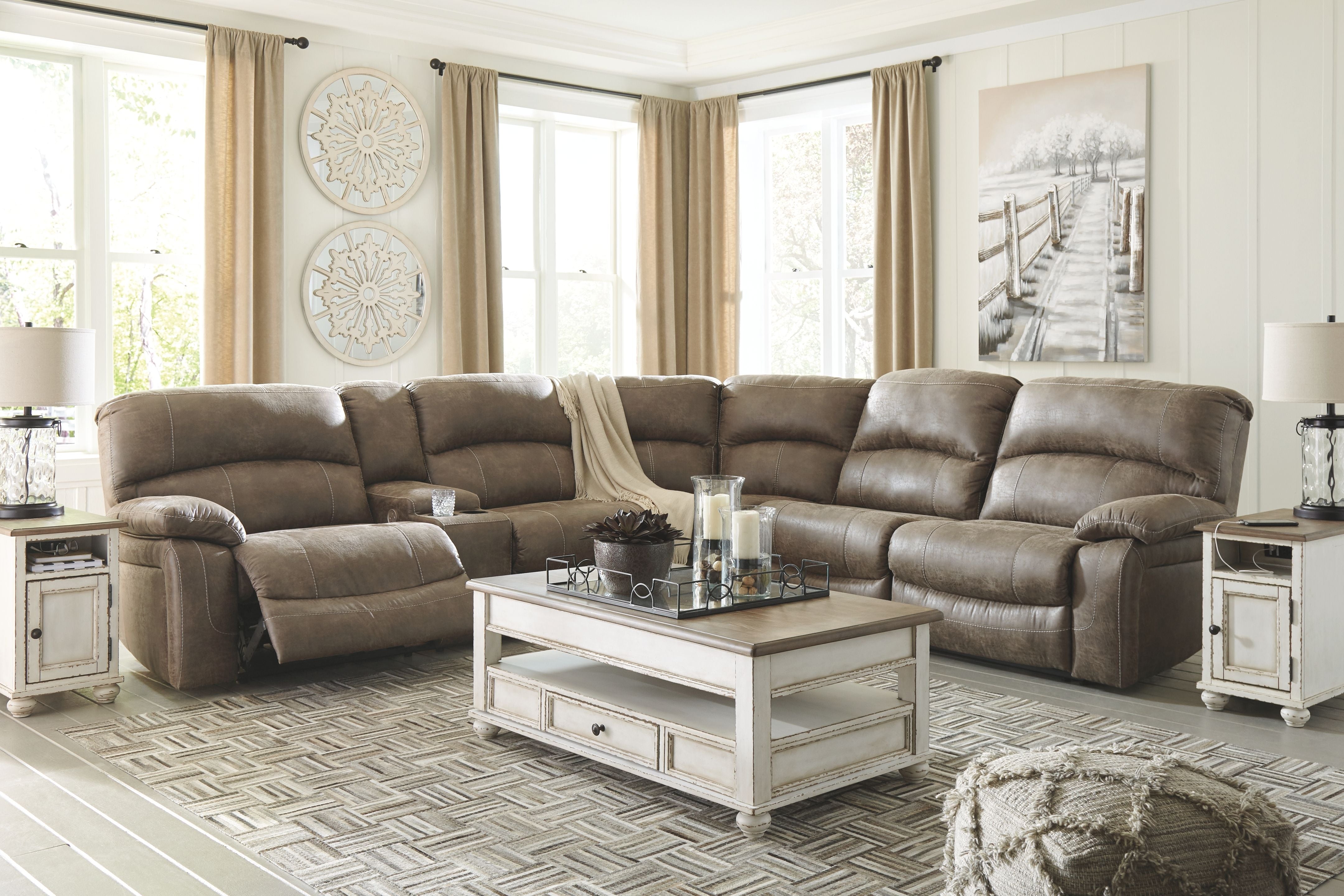 Segburg Driftwood Faux Leather Sectional - Power Reclining Sofa with Console & Cup Holders