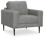 Charcoal fabric accent chair with padded armrests and tall back, tapered legs