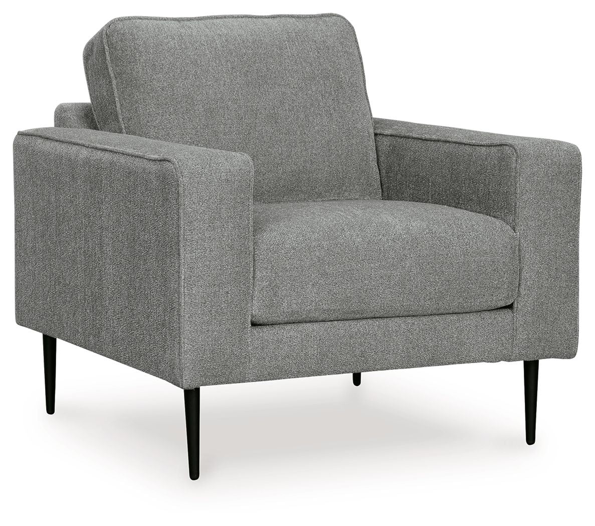 Charcoal fabric accent chair with padded armrests and tall back, tapered legs