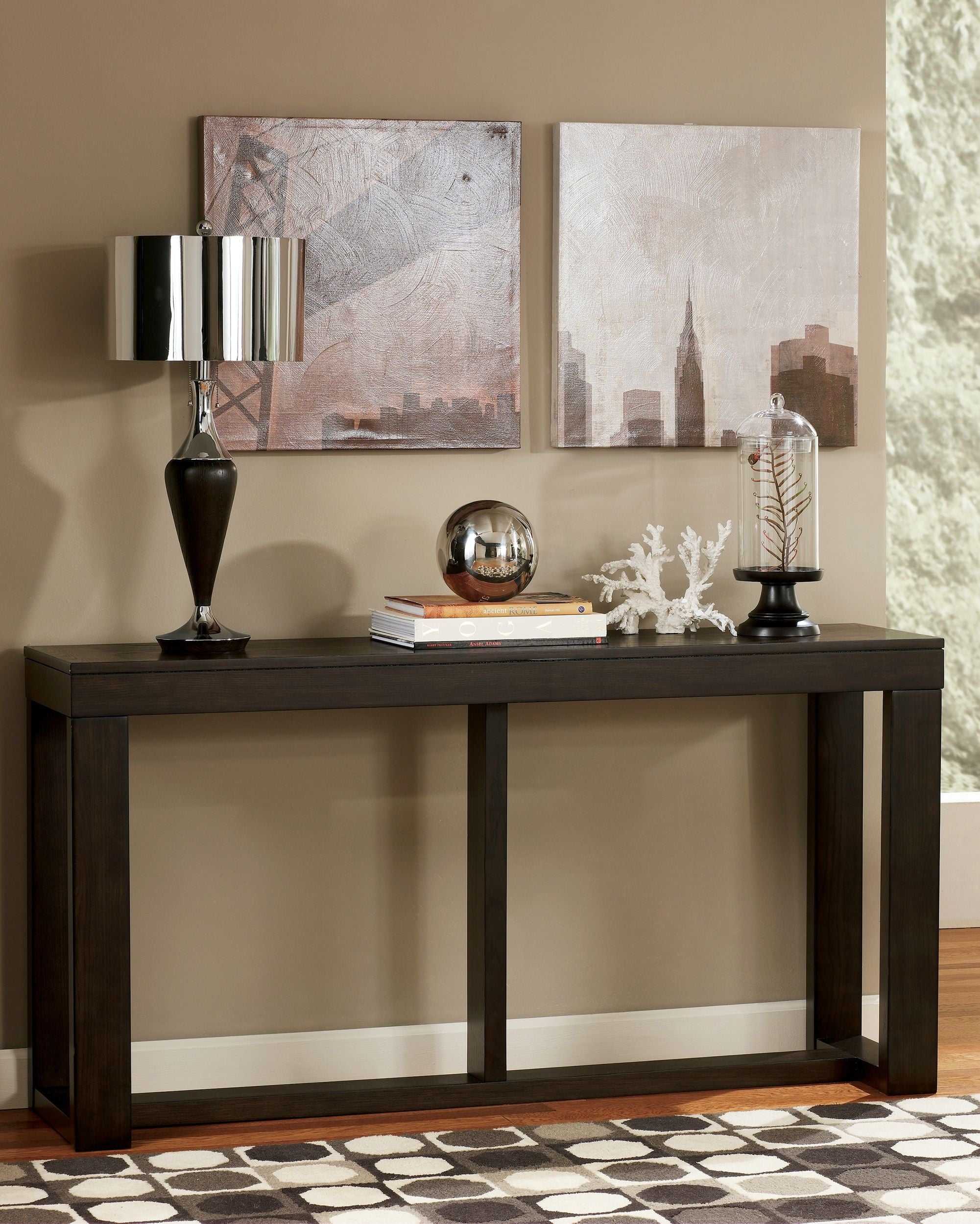 Dark brown sofa table, squared legs and flat rectangular tabletop