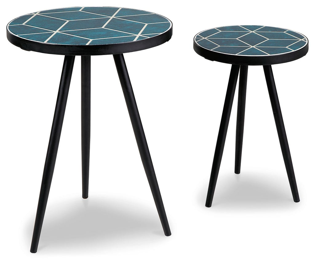 Pair of round accent tables with teal mosaic top and white geometric grid, black legs