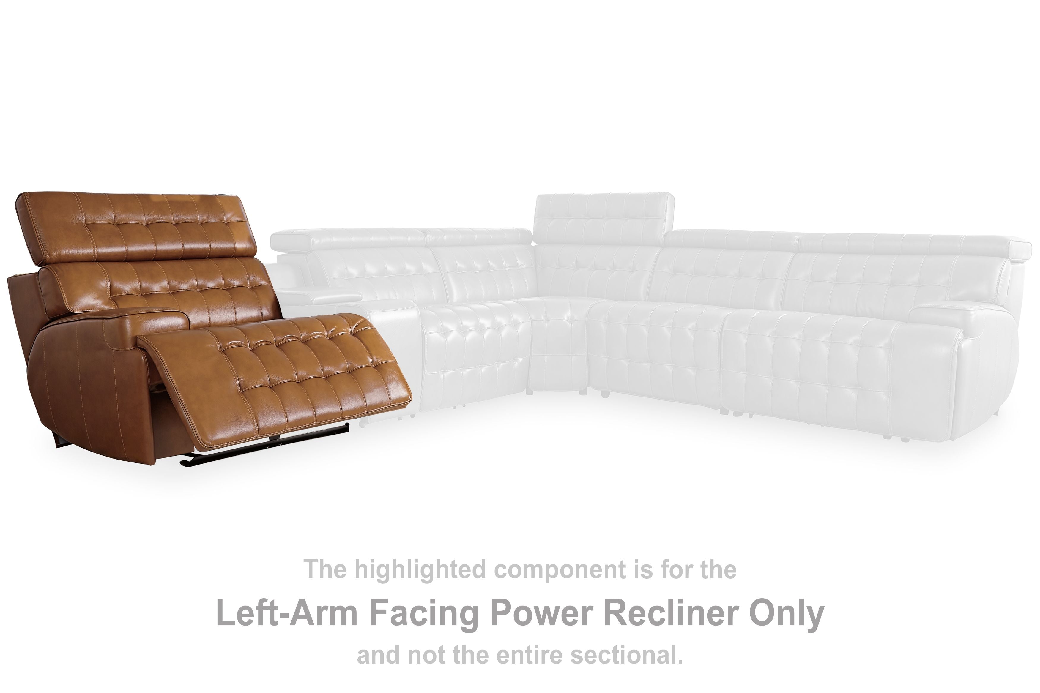 Chocolate brown leather power recliner section with open legrest and tufted cushions