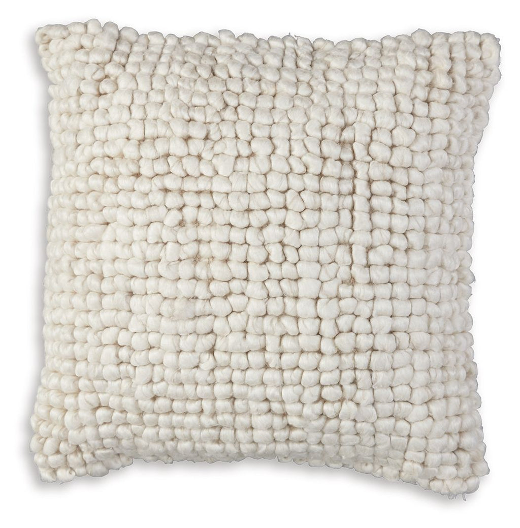 Textured square pillow with chunky loop weave and stitched center panel