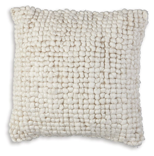 Textured square pillow with chunky loop weave and stitched center panel