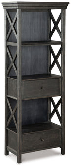 Dark gray display cabinet with open center shelves and lower drawers