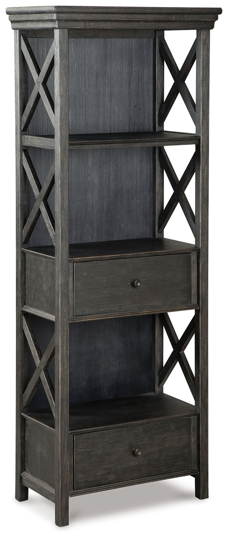 Dark gray display cabinet with open center shelves and lower drawers