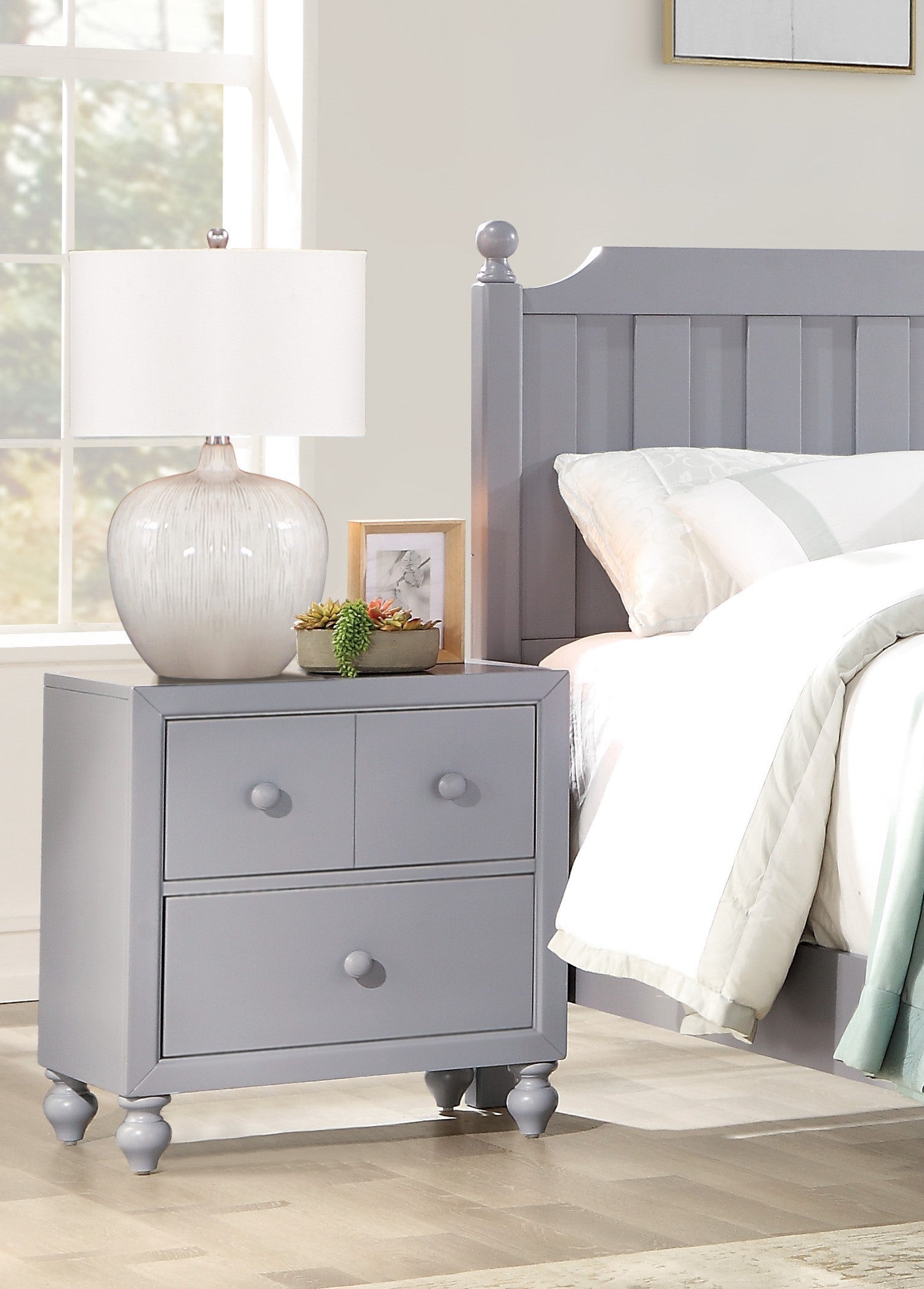 Transitional Gray Nightstand: Drawers, Wood Knobs, Modern