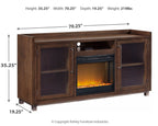 Brown TV stand with built-in fireplace insert, glass doors, and side shelving