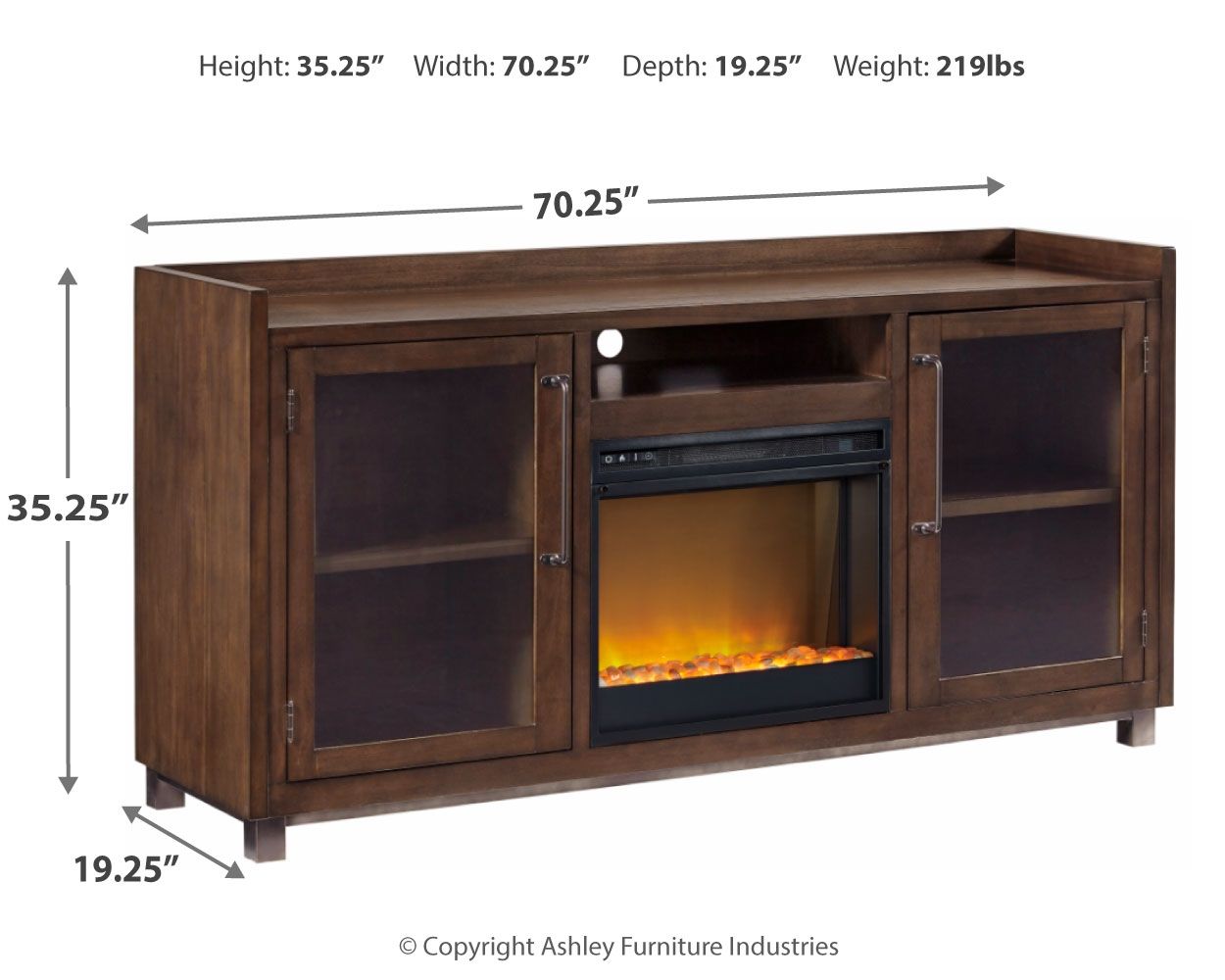 Brown TV stand with built-in fireplace insert, glass doors, and side shelving