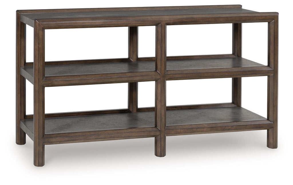 Brown sofa table with gray open shelves and rectangular frame, three-tier storage