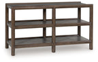 Brown sofa table with gray open shelves and rectangular frame, three-tier storage