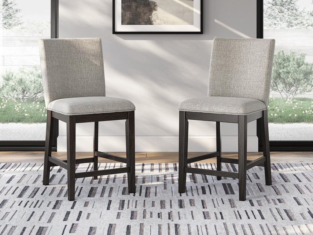 Set of 2 upholstered barstools, dark brown, cushioned seats, square legs