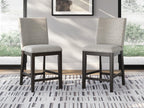 Set of 2 upholstered barstools, dark brown, cushioned seats, square legs