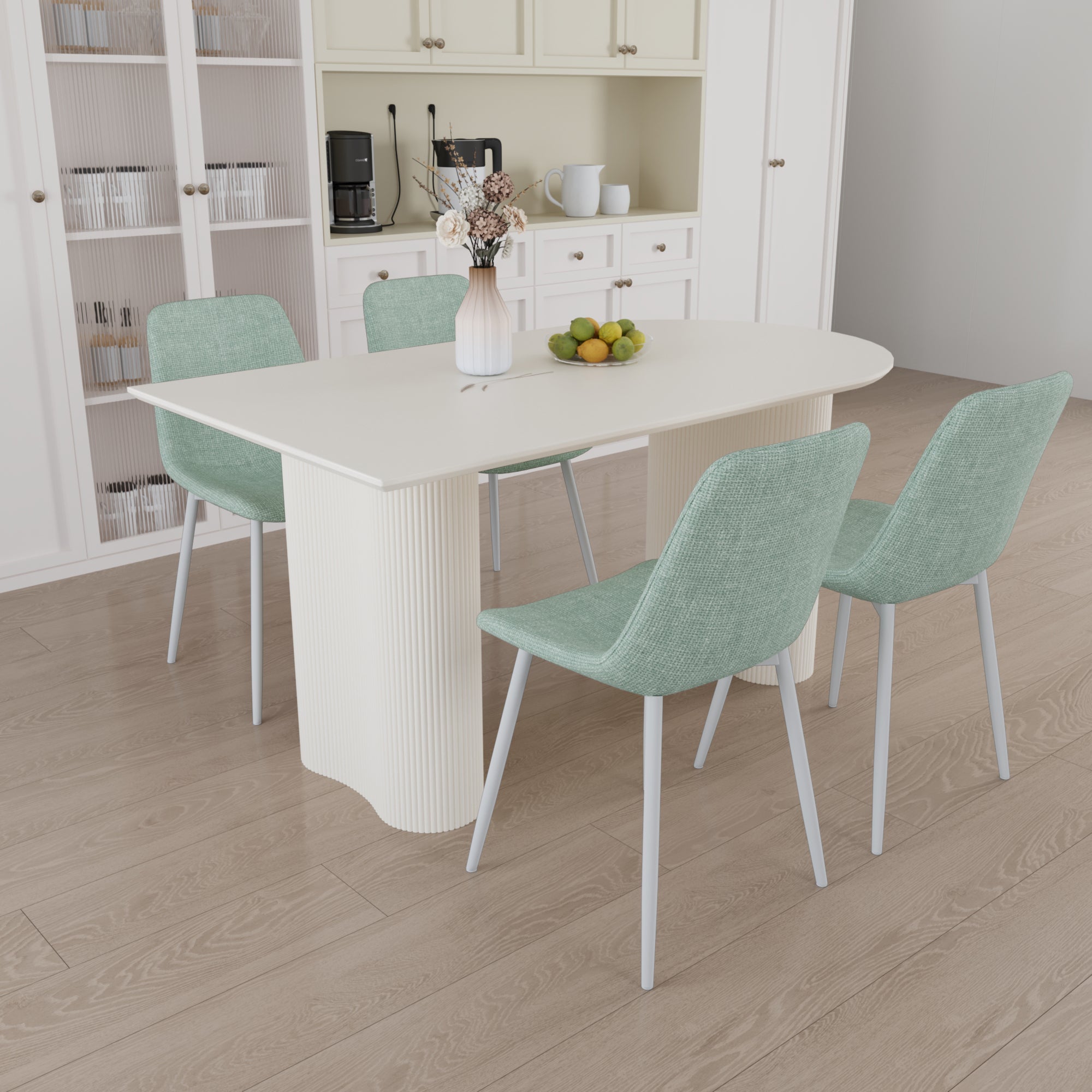 63" MDF Cream Dining Table & 4 Modern Chairs - Kitchen Set