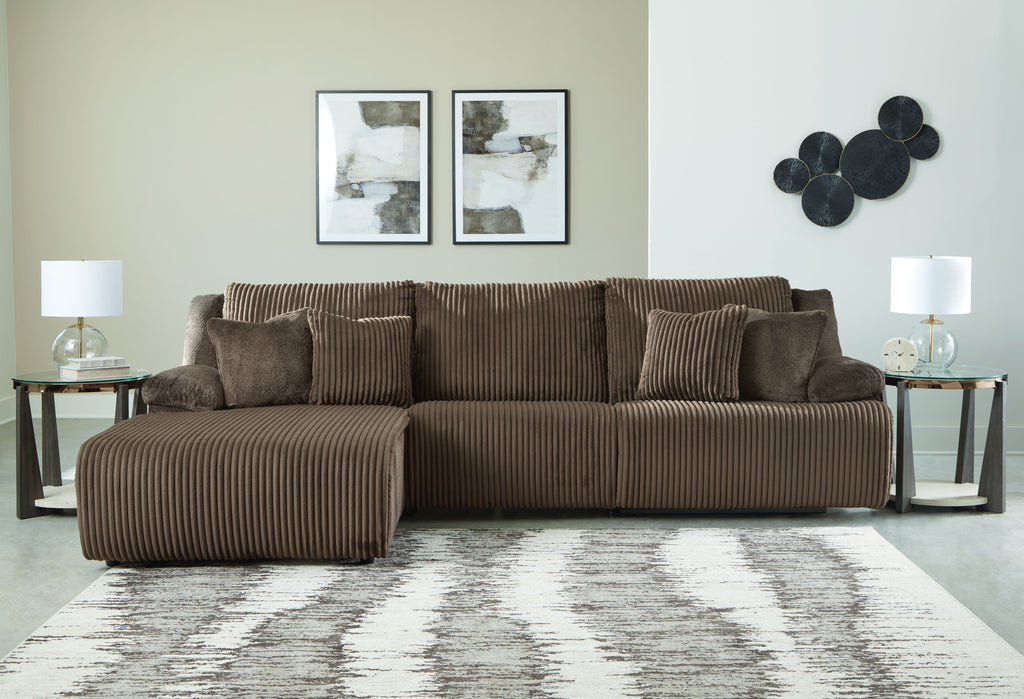 Chocolate brown reclining sectional sofa with chaise section and textured striped fabric