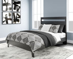 Finch panel platform bed in black with patterned duvet and pillows