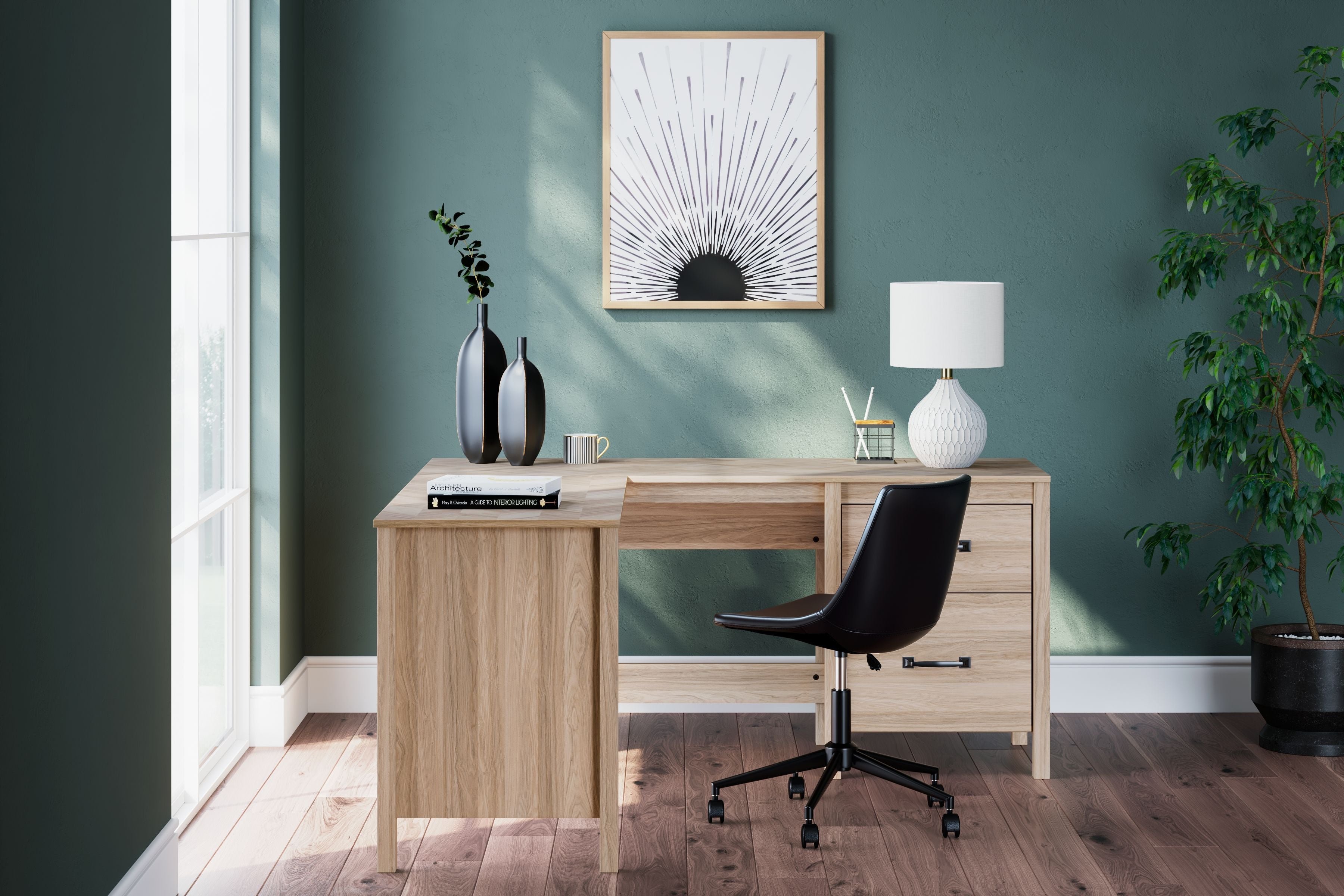 Tan home office desk with return, open center shelf and two-drawer side cabinet