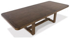 Rectangular dining table in light brown wood with central seam and short pedestal base