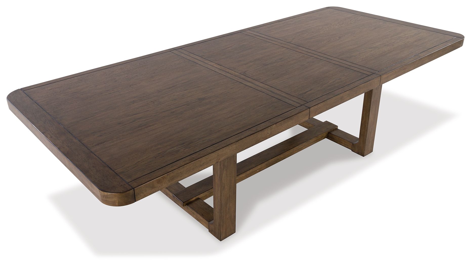 Rectangular dining table in light brown wood with central seam and short pedestal base