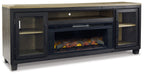 Black TV stand with electric fireplace insert and glass-front storage shelves
