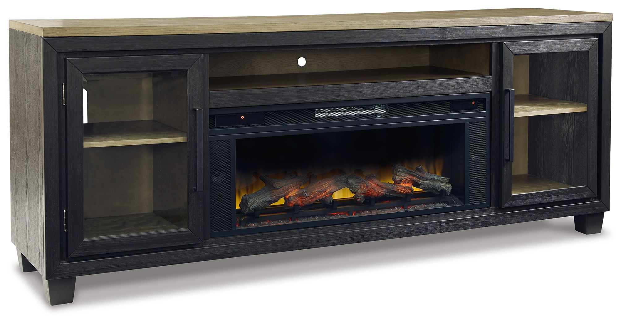 Black TV stand with electric fireplace insert and glass-front storage shelves