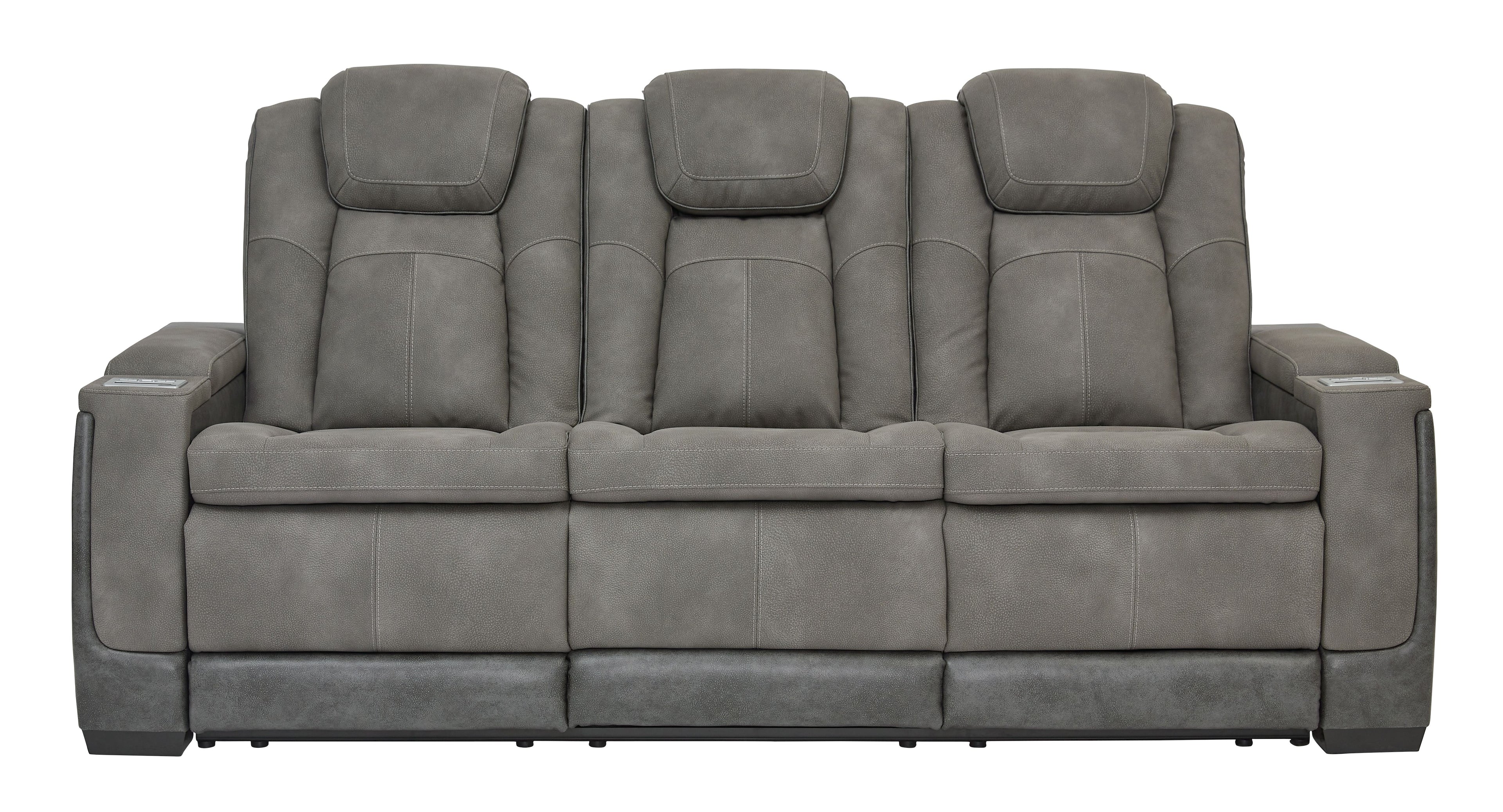Slate power reclining sofa with padded headrests and three seat sections.
