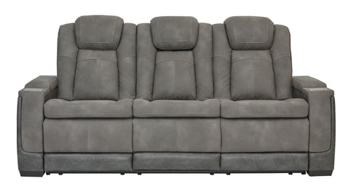 Slate power reclining sofa with padded headrests and three seat sections.