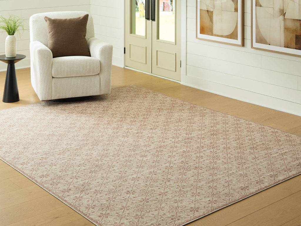 Area rug with beige background and subtle red geometric motif, flat woven texture