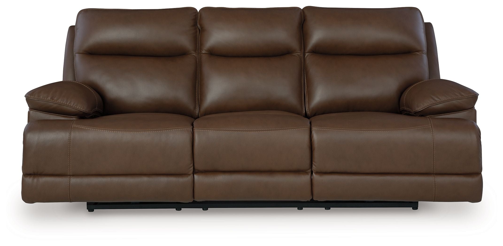 Brown power reclining sofa with three seat sections, curved headrests, and clean seam lines