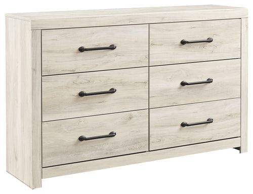 Cambeck whitewash dresser with six drawers and black bar handles, 3-over-3 layout