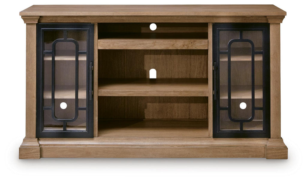 Light brown TV stand with two glass-front doors, center shelf, and open storage compartments.