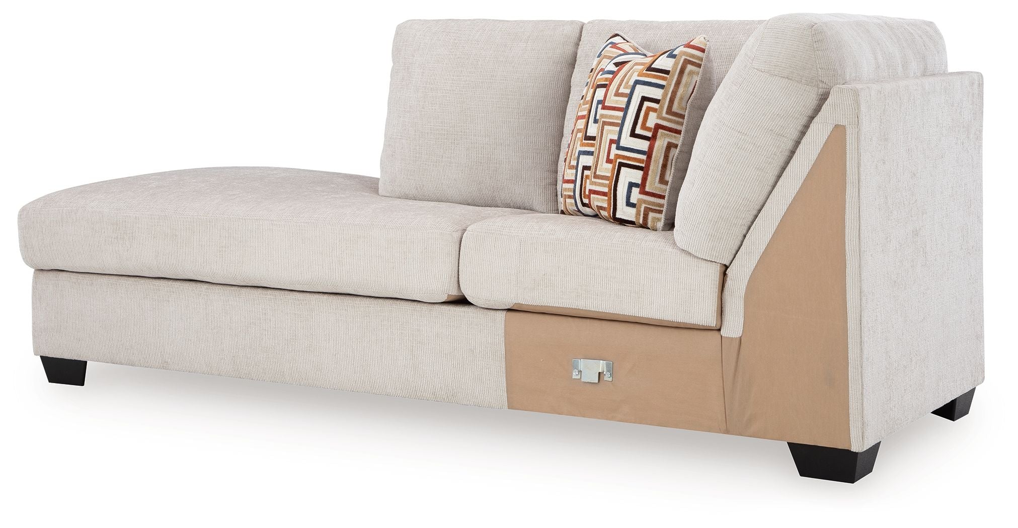 Stone corner chaise with side panel and patterned back cushion