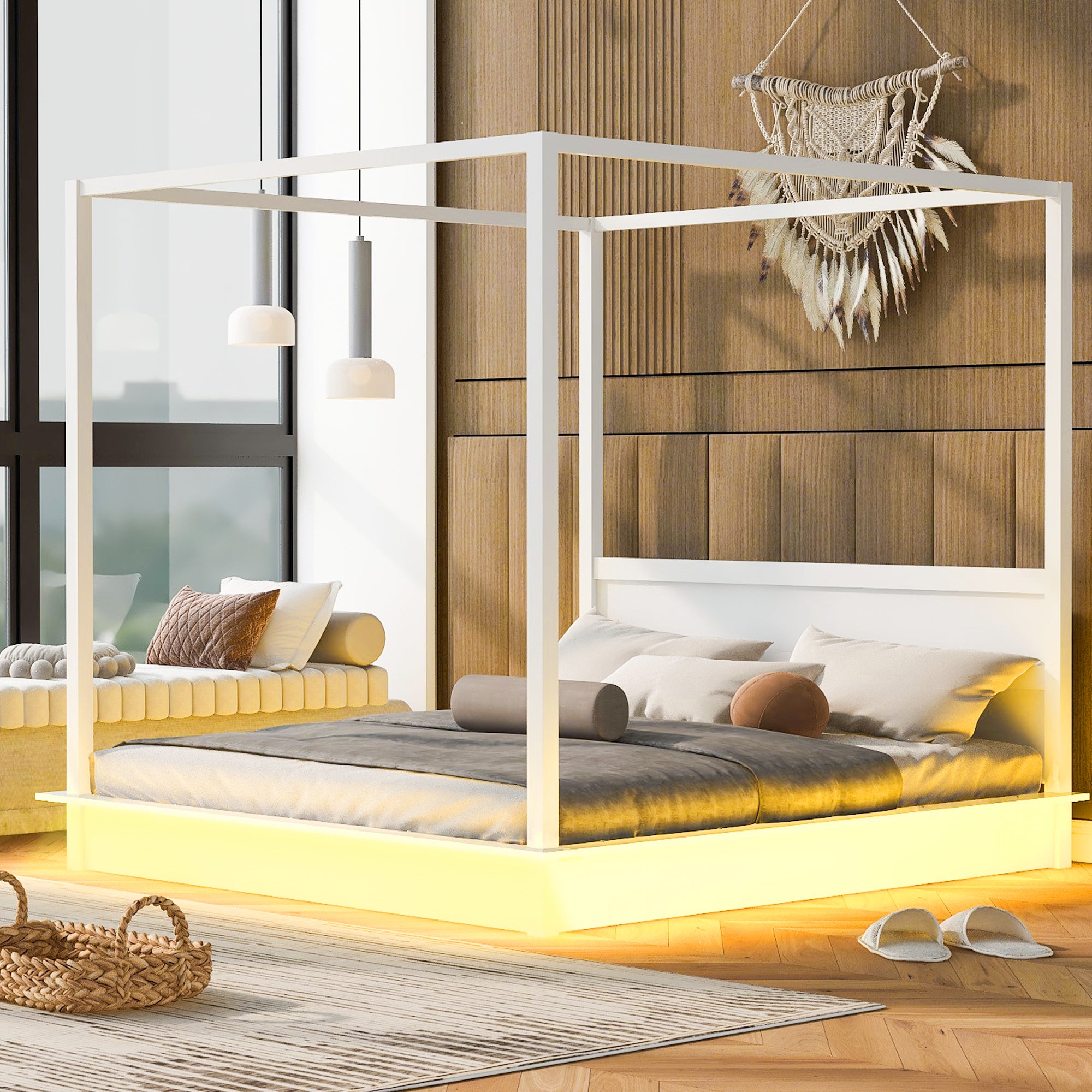 King Size White Wood LED Canopy Platform Bed - No Box Spring Needed